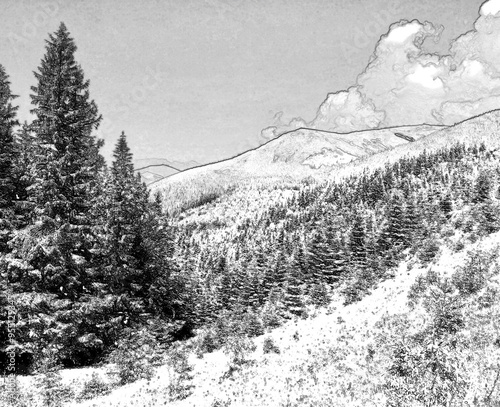 Hills and mountains, Pencil drawn sketchy draft illustration