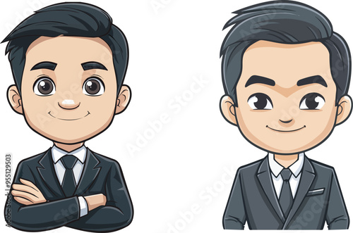 Confident businessman arms crossed cartoon illustration isolated professional office worker suit white background businessperson male entrepreneur corporate success character young man happy person