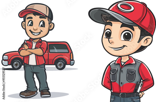 Confident Mechanic Cartoon Character Red Pickup Truck Auto Repair Automotive Car Guy TransportationIllustration photo