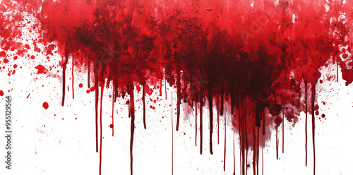 Red blood or paint flowing down on transparent background. Halloween, murder and horror concept. Red ink splash, splatter and stain.