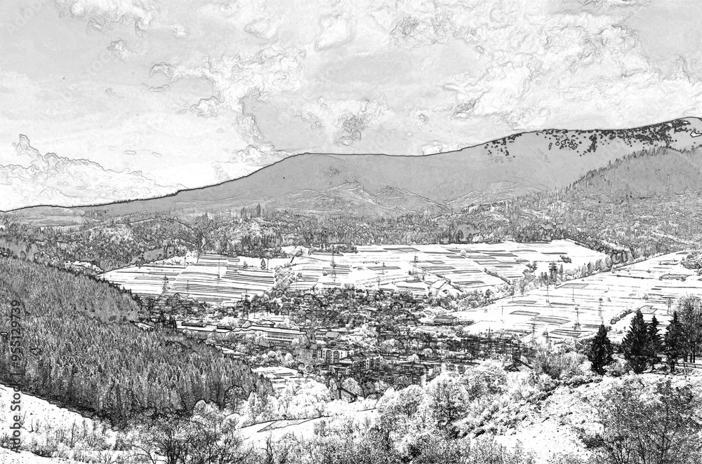 Mountain valleys and forests, Pencil drawn sketchy draft illustration Mountain valleys and forests, Pencil drawn sketchy draft illustration