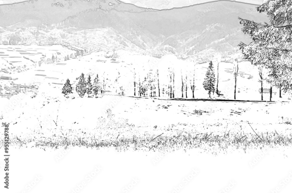 Obraz premium Mountain lawns, Pencil drawn sketchy draft illustration