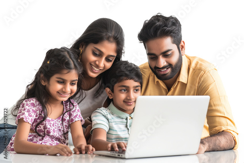 Asian Indian family with parents and children using computer while sitting isolated on transparent background