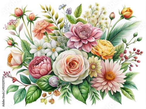 Softly illuminated botanical illustration of vibrant flowers and lush greenery on a white background, perfect for adding a touch of elegance to any interior space.