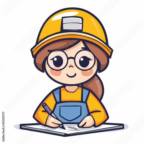 Cute Cartoon Character Female Construction Worker Writing On Paper With Pen Engineering Architecture Building Contractor Women In STEM Field IsolatedIllustration photo