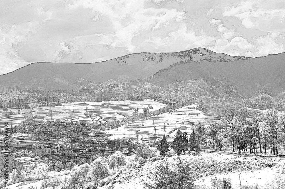 Gorgeous mountains and hills with woods and lawns, Pencil drawn sketchy draft illustration Gorgeous mountains and hills with woods and lawns, Pencil drawn sketchy draft illustration
