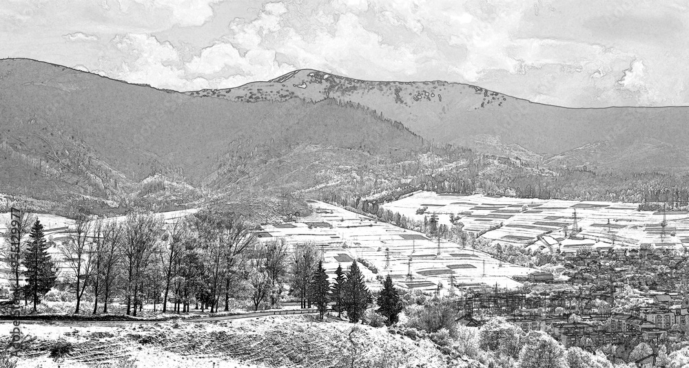 Gorgeous mountains and hills, Pencil drawn sketchy draft illustration Gorgeous mountains and hills, Pencil drawn sketchy draft illustration