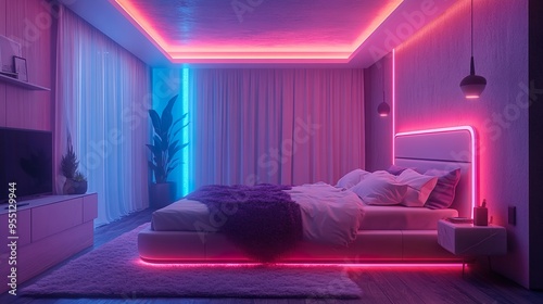 Futuristic bedroom with clean lines and neon lighting for a minimalist stylish atmosphere