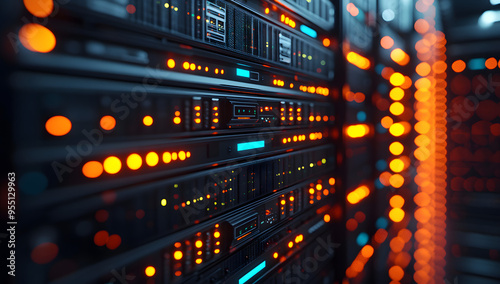 Close-Up Shot of a Server Rack in a Data Center with Bright Lights and Computer Equipment, Highlighting Advanced Technology Behind Cloud Services, Blurred Background, High Resolution