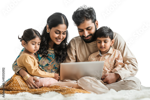 Asian Indian family with parents and children using computer while sitting isolated on transparent background
