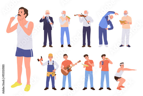 Senior and young adult man cartoon characters daily routine, everyday lifestyle and hobby activity