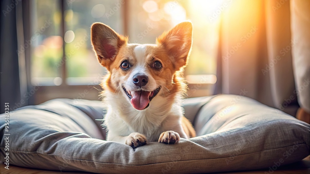Small dog basking in the sun on a cozy bed, tongue hanging out in relaxation and enjoyment Small dog basking in the sun on a cozy bed, tongue hanging out in relaxation and enjoyment