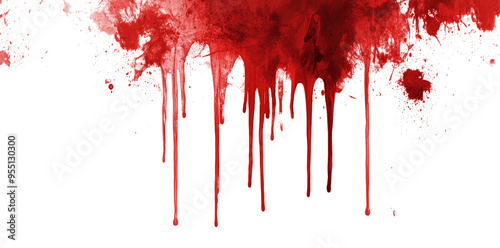Red blood or paint flowing down on transparent background. Halloween, murder and horror concept. Red ink splash, splatter and stain. photo