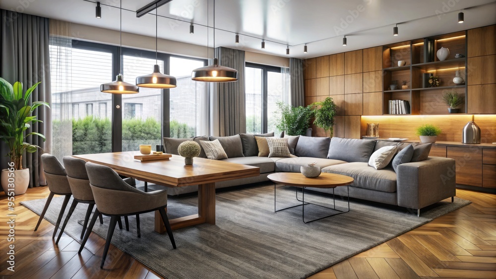 Spacious L-shaped living dining room featuring sleek sectional sofa, wooden dining table, and modern decor, showcasing harmonious furniture layout and stylish interior design. Spacious L-shaped living dining room featuring sleek sectional sofa, wooden dining table, and modern decor, showcasing harmonious furniture layout and stylish interior design.