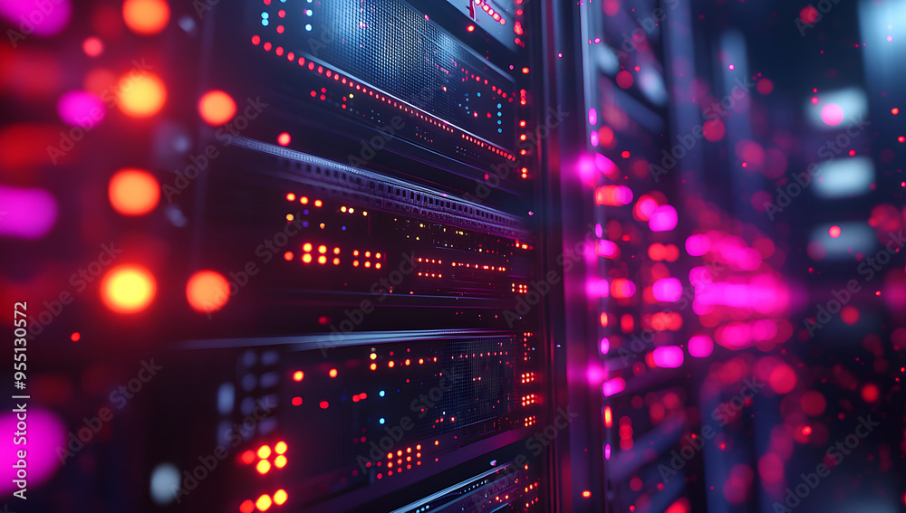 Close-Up Shot of a Server Rack in a Data Center with Bright Lights and Computer Equipment, Highlighting Advanced Technology Behind Cloud Services, Blurred Background, High Resolution Close-Up Shot of a Server Rack in a Data Center with Bright Lights and Computer Equipment, Highlighting Advanced Technology Behind Cloud Services, Blurred Background, High Resolution