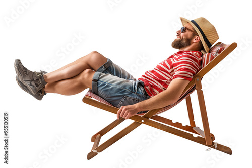 Man sunbathing on beach chair isolated on transparent background