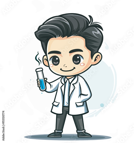 Cute Cartoon Scientist Character Holding Test Tube Science Education Experiment Laboratory Chemistry Biology Healthcare Medical ResearchIllustration Design Graphic Digital Element Isolated