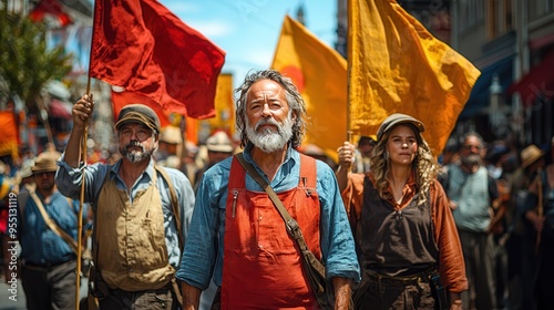 Parade of Labor: Workers Celebrating Contributions with Banners and Signs