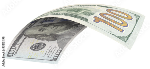 100 US dollar note flying in different angles and orientations.