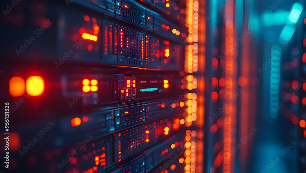 Close-Up Shot of a Server Rack in a Data Center with Bright Lights and Computer Equipment, Highlighting Advanced Technology Behind Cloud Services, Blurred Background, High Resolution Close-Up Shot of a Server Rack in a Data Center with Bright Lights and Computer Equipment, Highlighting Advanced Technology Behind Cloud Services, Blurred Background, High Resolution