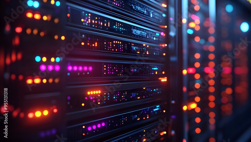 Close-Up Shot of a Server Rack in a Data Center with Bright Lights and Computer Equipment, Highlighting Advanced Technology Behind Cloud Services, Blurred Background, High Resolution