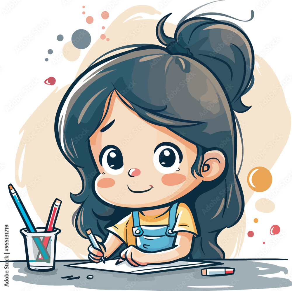 Cute cartoon little girl drawing picture art craft education childhood imagination creativity design thinking skill development isolated artistic young artist school student learning happy kid Cute cartoon little girl drawing picture art craft education childhood imagination creativity design thinking skill development isolated artistic young artist school student learning happy kid