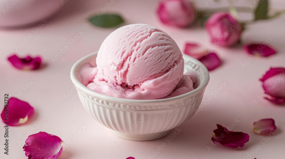 Pink rose ice cream in a white bowl with rose petals. Pink rose ice cream in a white bowl with rose petals.