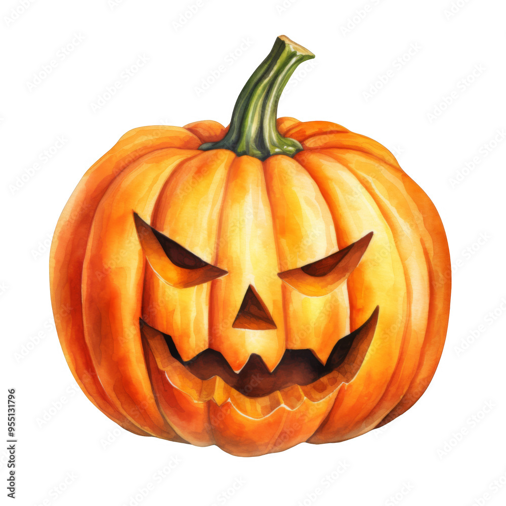 A Watercolor Painting of a Carved Halloween Pumpkin with a Glowing Evil Grin A Watercolor Painting of a Carved Halloween Pumpkin with a Glowing Evil Grin