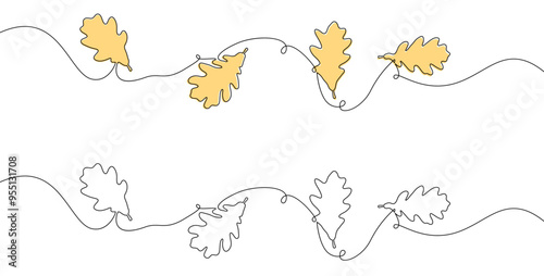 Vector illustration of oak leaves in continuous line art style, featuring alternating yellow-accented leaves and black outlines.