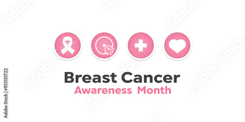 Breast Cancer Awareness Month. Ribbon, cancer, plus icon and heart. Great for cards, banners, posters, social media and more. White background. 