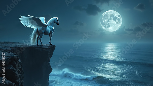 A white pegasus unicorn flying above the clouds. Generative AI