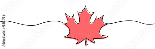 Vector illustration of a red maple leaf outlined in black, connected by a simple wavy line for a clean design.