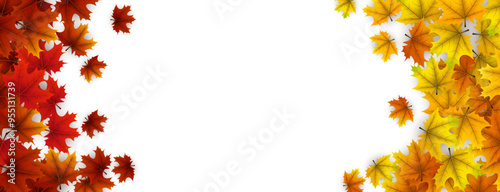 Yellow, orange, and red maple leaves create left and right borders on a white background. Perfect for seasonal designs, announcements, or invitations.
