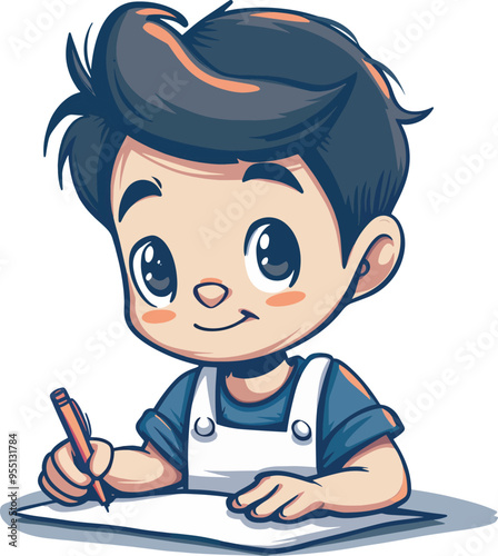 Cute Cartoon Boy Writing Studying Learning Education School Student Drawing Pencil Desk Happy Child Kid Artwork IllustrationImage Graphic Design Element Isolated White Background Commercial Use photo