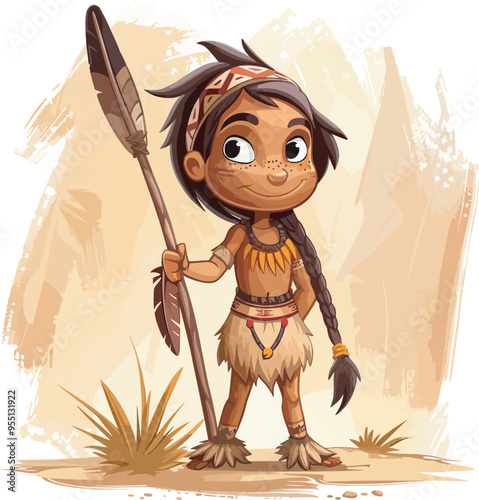 Cute cartoon native american boy with spear desert background illustration traditional clothing feathers cultural representation indigenous people history children book character background