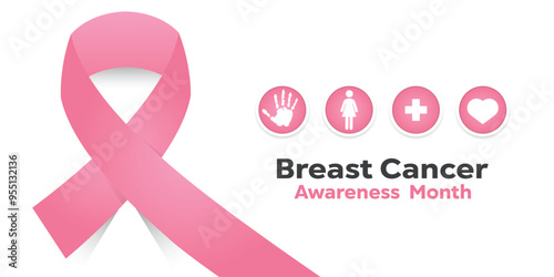 Breast Cancer Awareness Month. Ribbon, hand, people, plus icon and heart. Great for cards, banners, posters, social media and more. White background. 