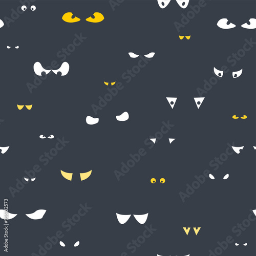 Scary eyes background. Spooky monster eyes in the dark - seamless pattern. Halloween theme.