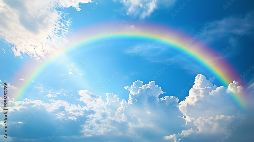 Vibrant rainbow arching across a dramatic cloudy blue sky image. Vibrant rainbow arching across a dramatic cloudy blue sky image.