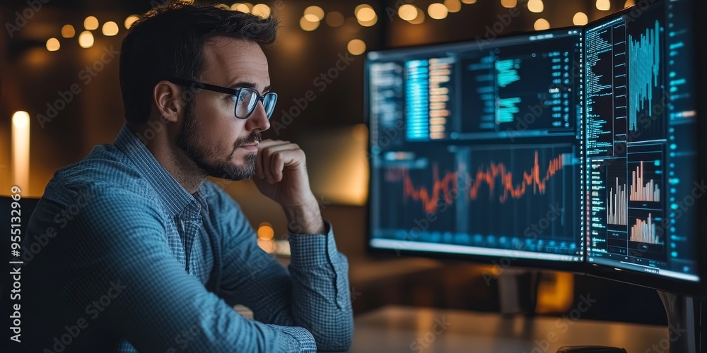 Financial analyst reviewing fraud prevention data on a digital platform ...