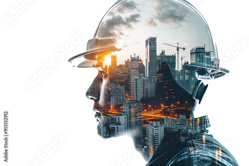 Double exposure of construction worker wearing safety helmet with urban skyline isolated on transparent background photo