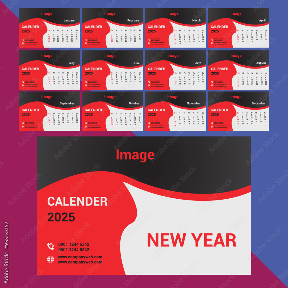 Free vector elegant Design 2025 wall calendar blue template a design vector
