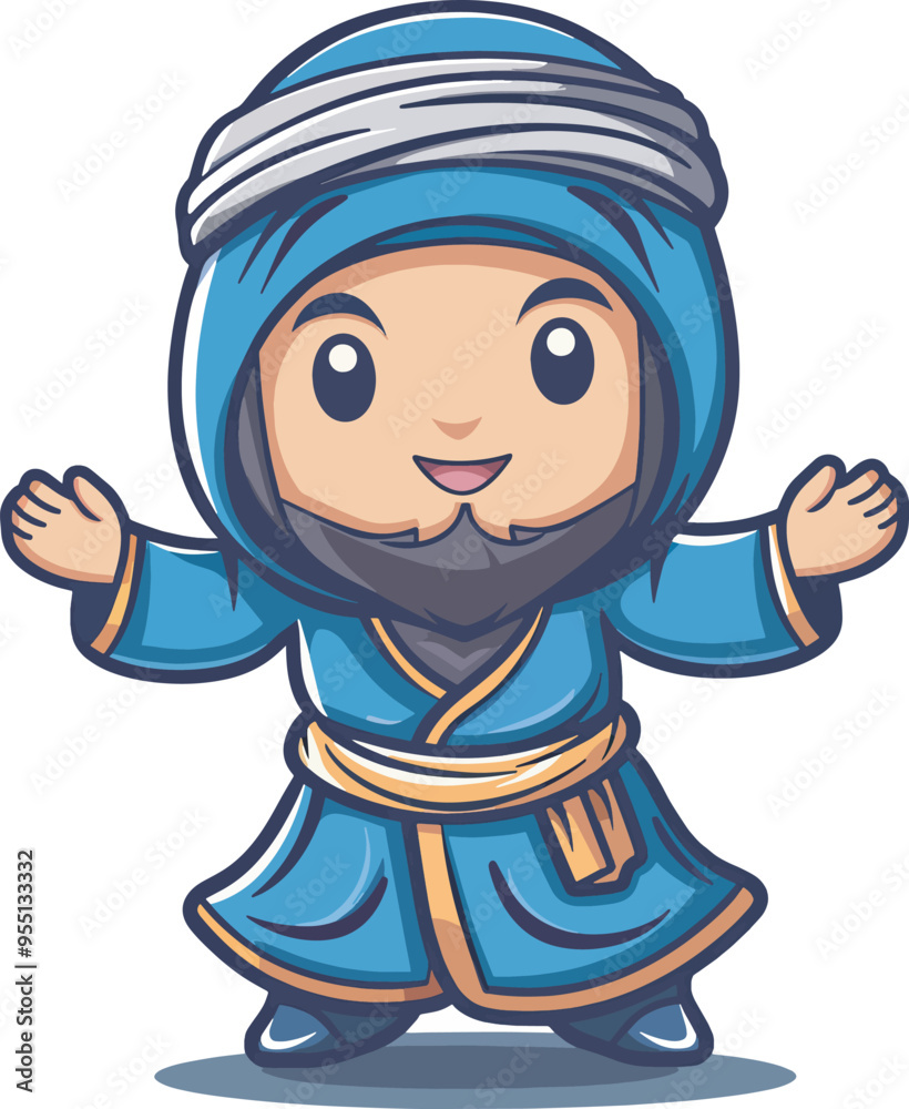 Obraz premium Happy Muslim Boy Cartoon Character Wearing Blue Islamic Clothes Isolated On BackgroundIllustration For Ramadan Kareem Greeting Cards Design Element Mascot Islamic Vector Concept