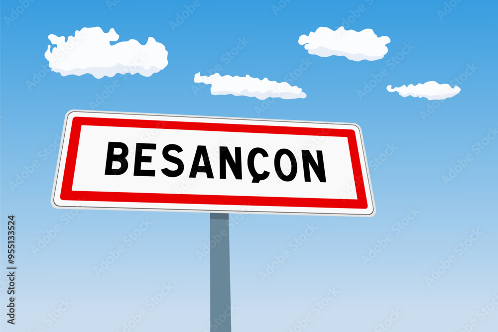 Besancon city sign in France. City limit welcome road sign. Besancon city sign in France. City limit welcome road sign.