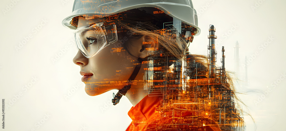 Woman Wearing Helmet and Glasses with Oil Plant in the Background and Digital Data Overlay, Vibrant Colors with White Base and Orange Details, Clear Visibility of Both Person and Oil Production Plant Woman Wearing Helmet and Glasses with Oil Plant in the Background and Digital Data Overlay, Vibrant Colors with White Base and Orange Details, Clear Visibility of Both Person and Oil Production Plant