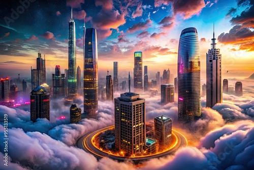 Surreal futuristic cityscape with sleek skyscrapers and bustling streets defying gravity, suspended in mid-air, amidst a swirling vortex of clouds and vibrant neon lights. photo