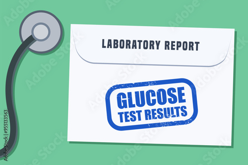 Glucose blood test results envelope. Medical laboratory report - vector illustration.