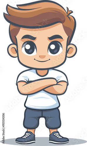 Confident young boy with crossed arms cartoon illustration isolatedimage for tshirt design sticker print element logo mascot branding kids apparel happy cheerful childhood character design preteen