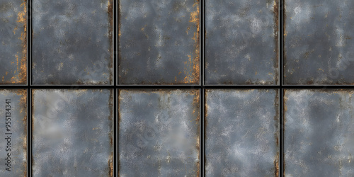 Seamless grungy scratched old steel wall panels background texture. Tileable industrial rusted metal bulkhead floor plates pattern. 8K high resolution grey rough metallic iron moulding 3D rendering.