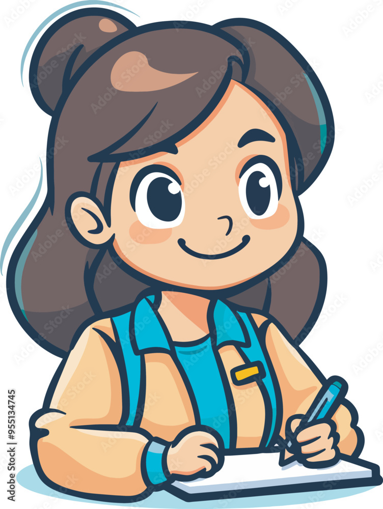 Cute Cartoon Girl Writing In Notebook School Student Education Learning Knowledge Back To SchoolIllustration Cute Cartoon Girl Writing In Notebook School Student Education Learning Knowledge Back To SchoolIllustration
