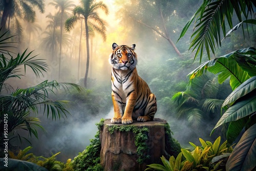 Tranquil twilight scene of a lonely tiger sitting majestically on a tree-stump, surrounded by tropical foliage and vines in a misty jungle atmosphere. photo